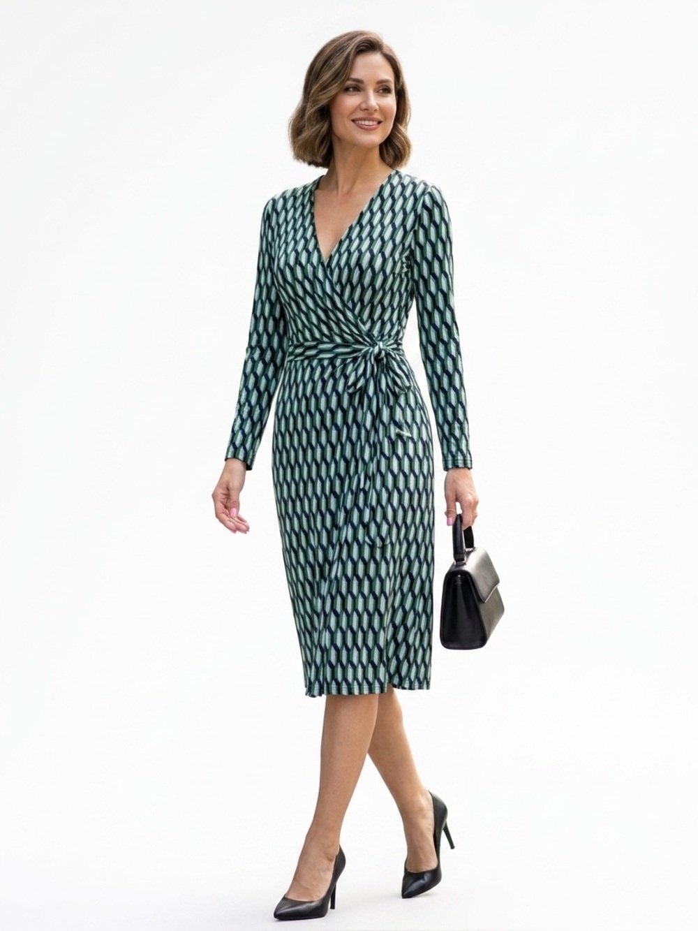 Diane Von Furstenberg Green Geometric Long-Sleeve Midi Wrap Dress